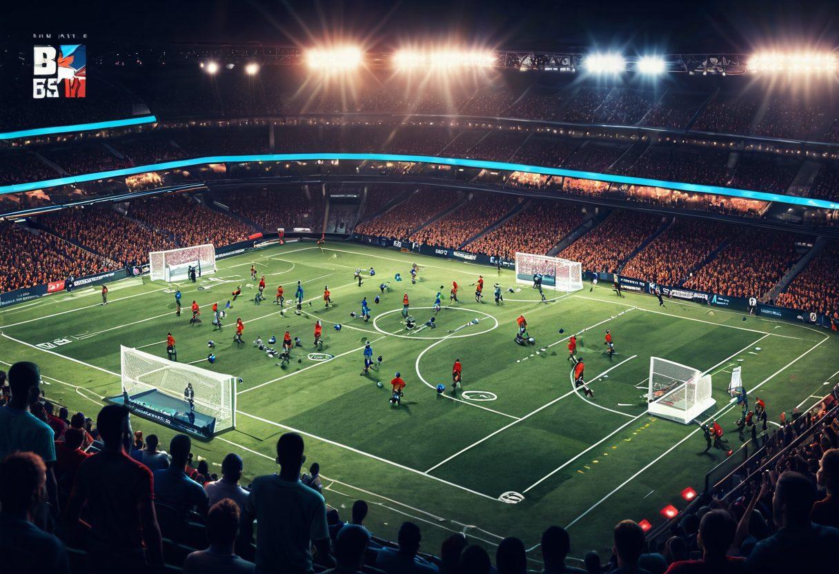 A dynamic football field scene showcasing diverse players executing strategic moves, with diagram overlays of tactical formations and statistics. In the background, a vibrant online community engaging in discussions on strategy, with chat bubbles and social media icons. The atmosphere is electric, filled with excitement and anticipation for the game. Bright stadium lights illuminate the scene. super-realistic. vibrant colors. 3D.