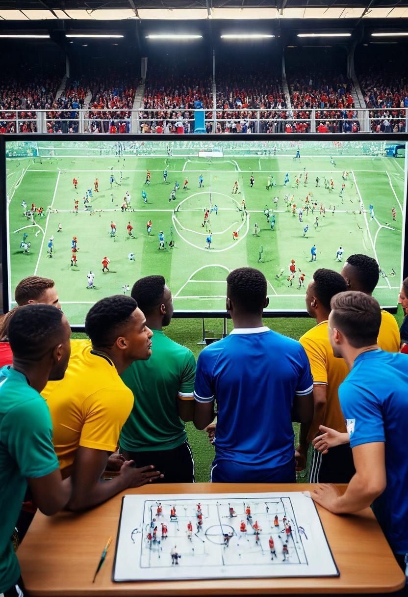 A dynamic soccer field scene featuring diverse players engaged in a tactical discussion around a large whiteboard filled with strategies and formations. In the background, onlookers are analyzing the gameplay while a stadium filled with cheering fans adds to the excitement. Emphasize teamwork, strategy, and the passion of the football community. vibrant colors. 3D. realistic details.