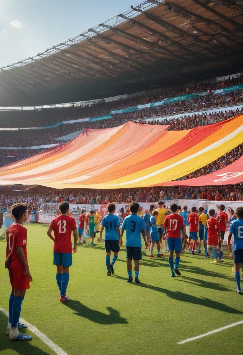 A dynamic football scene showcasing a diverse group of enthusiastic fans celebrating a grassroots match, with a backdrop of a lively stadium filled with colorful banners. In the foreground, a knowledgeable coach shares insights with young players practicing in an open field, highlighting the journey from local clubs to professional glory. Emphasize the passion, community spirit, and teamwork involved in football. vibrant colors. super-realistic. 3D.